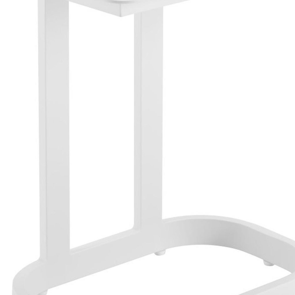 White aluminum outdoor side table with a curved base and two vertical supports against a white background.