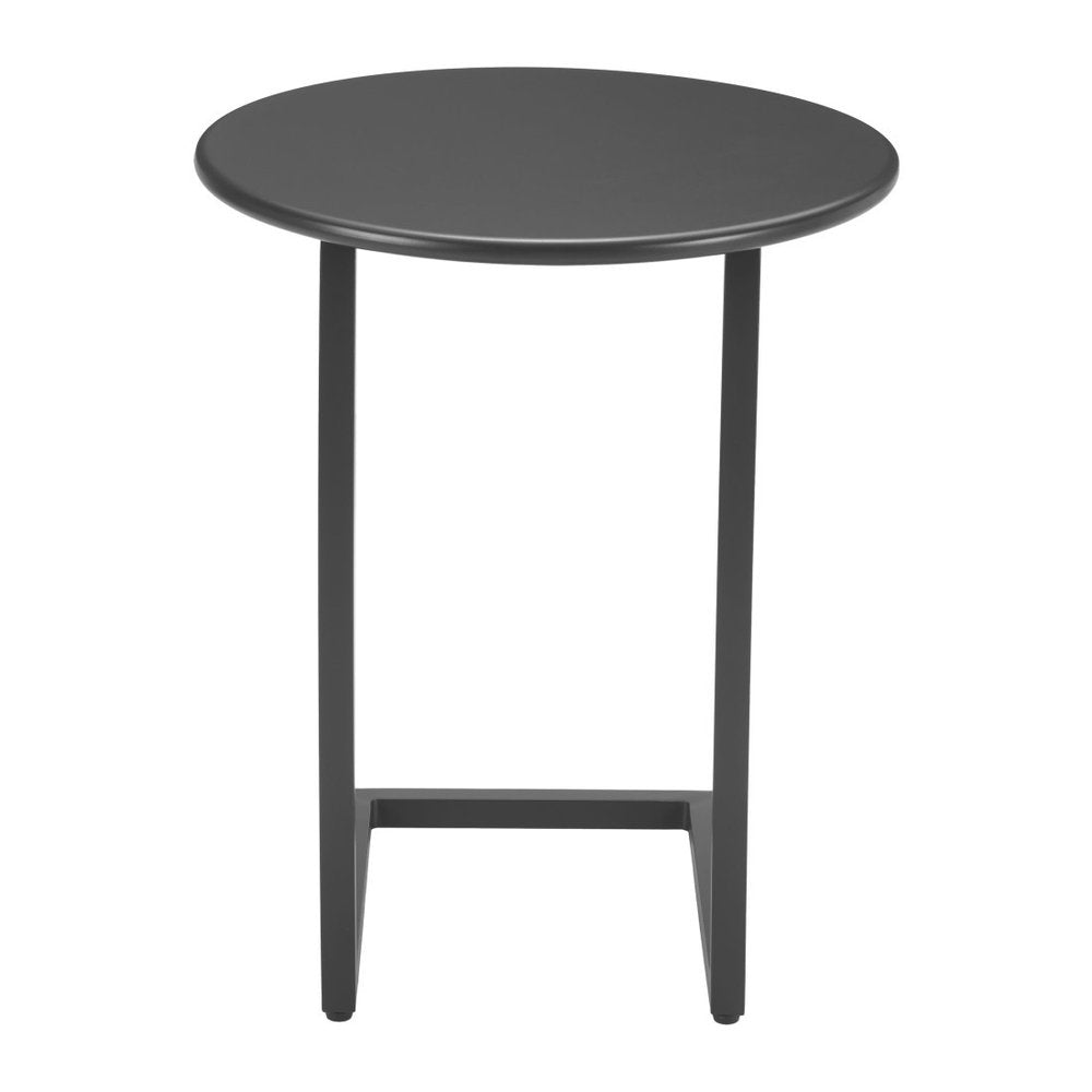 20" Black Aluminum Round Outdoor Side Table. Outdoor table isolated on a plain white background, finished in black metal.