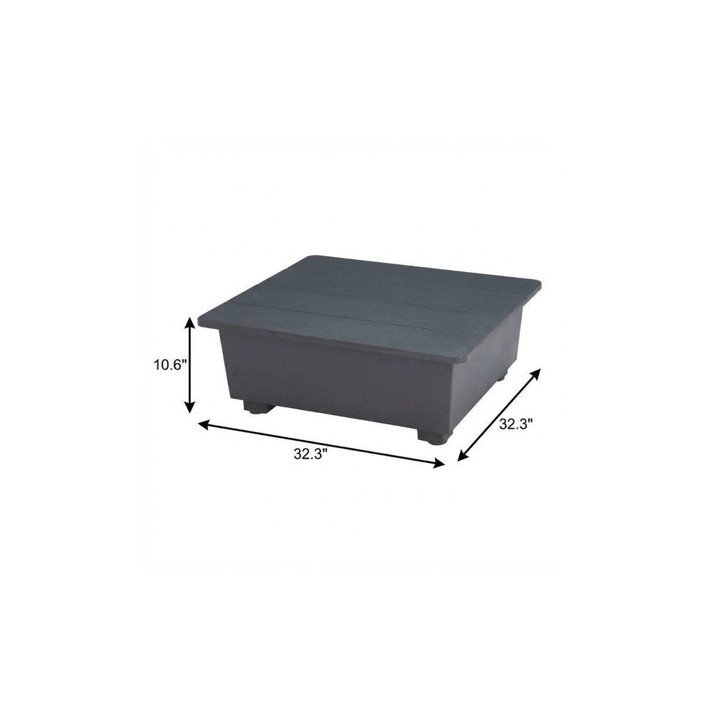 32" Gray Aluminum Square Outdoor Coffee Table. Outdoor table isolated on a plain white background, in a gray metal finish.