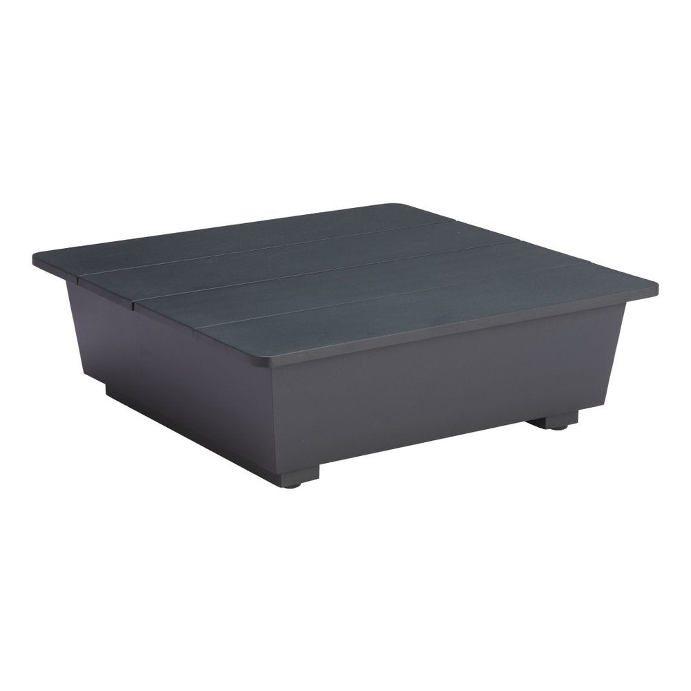 32" Gray Aluminum Square Outdoor Coffee Table. Outdoor table isolated on a plain white background, finished in gray metal.