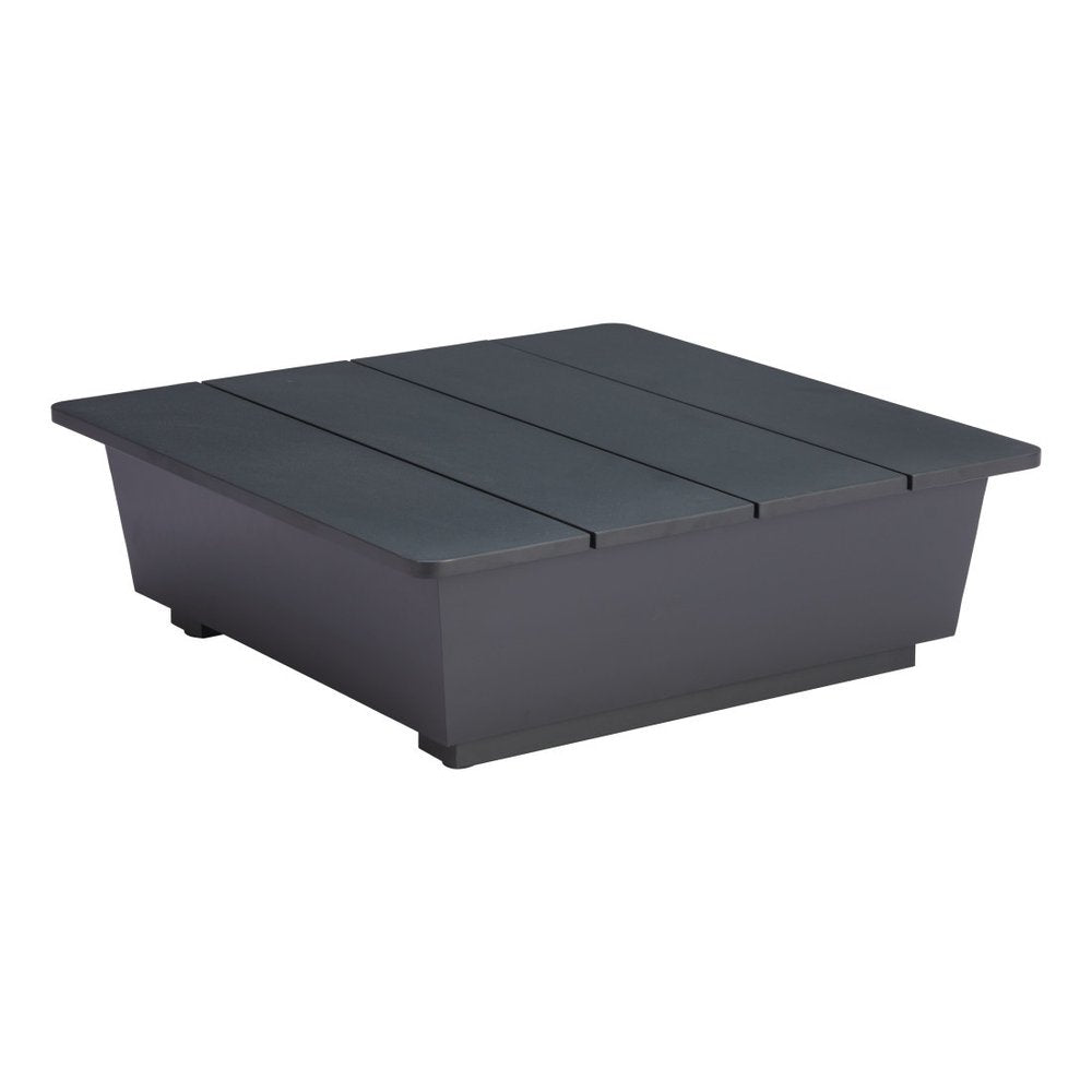 32" Gray Aluminum Square Outdoor Coffee Table. Outdoor table isolated on a plain white background, in a gray metal finish.