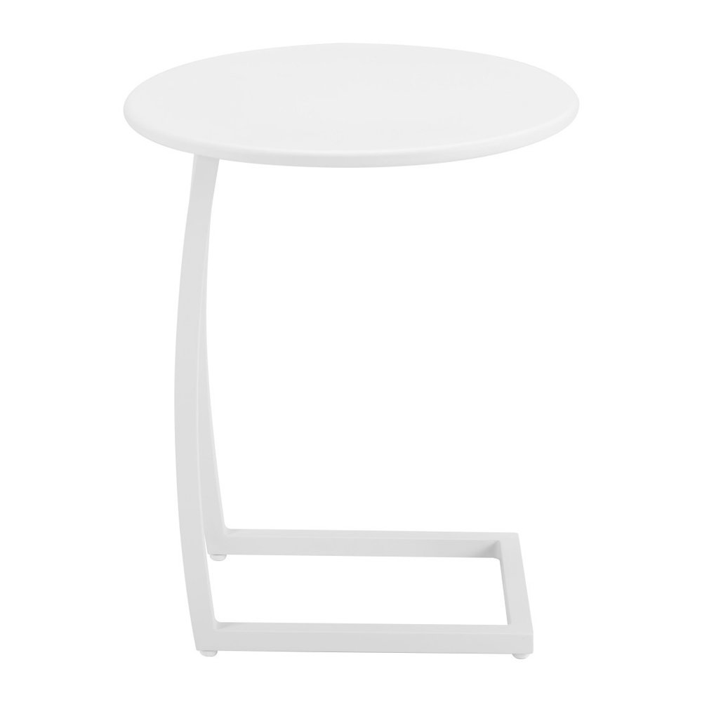 20" White Aluminum Round Outdoor Side Table. Outdoor table isolated on a plain white background, finished in white metal.