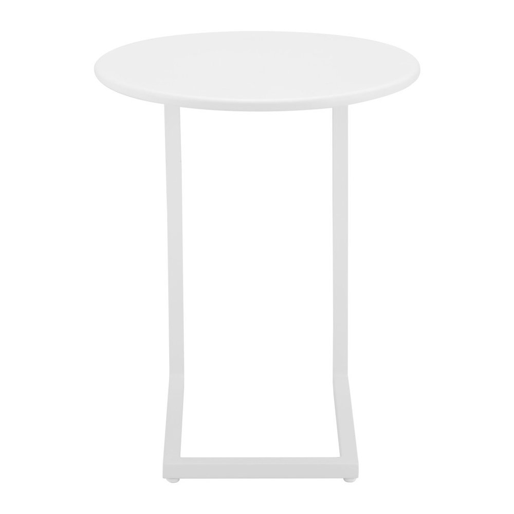 20" White Aluminum Round Outdoor Side Table. Outdoor table isolated on a plain white background, showing a white metal surface.
