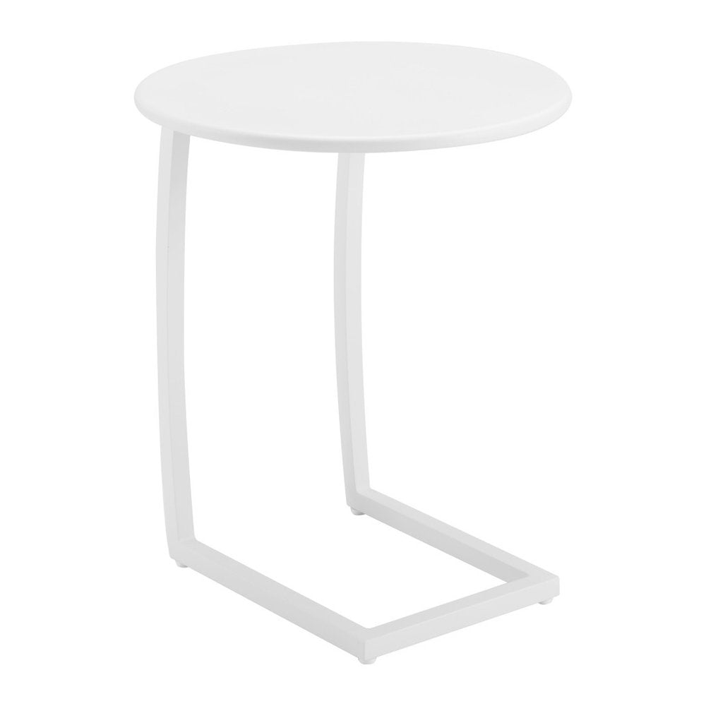 20" White Aluminum Round Outdoor Side Table. Outdoor table isolated on a plain white background, finished in white metal.