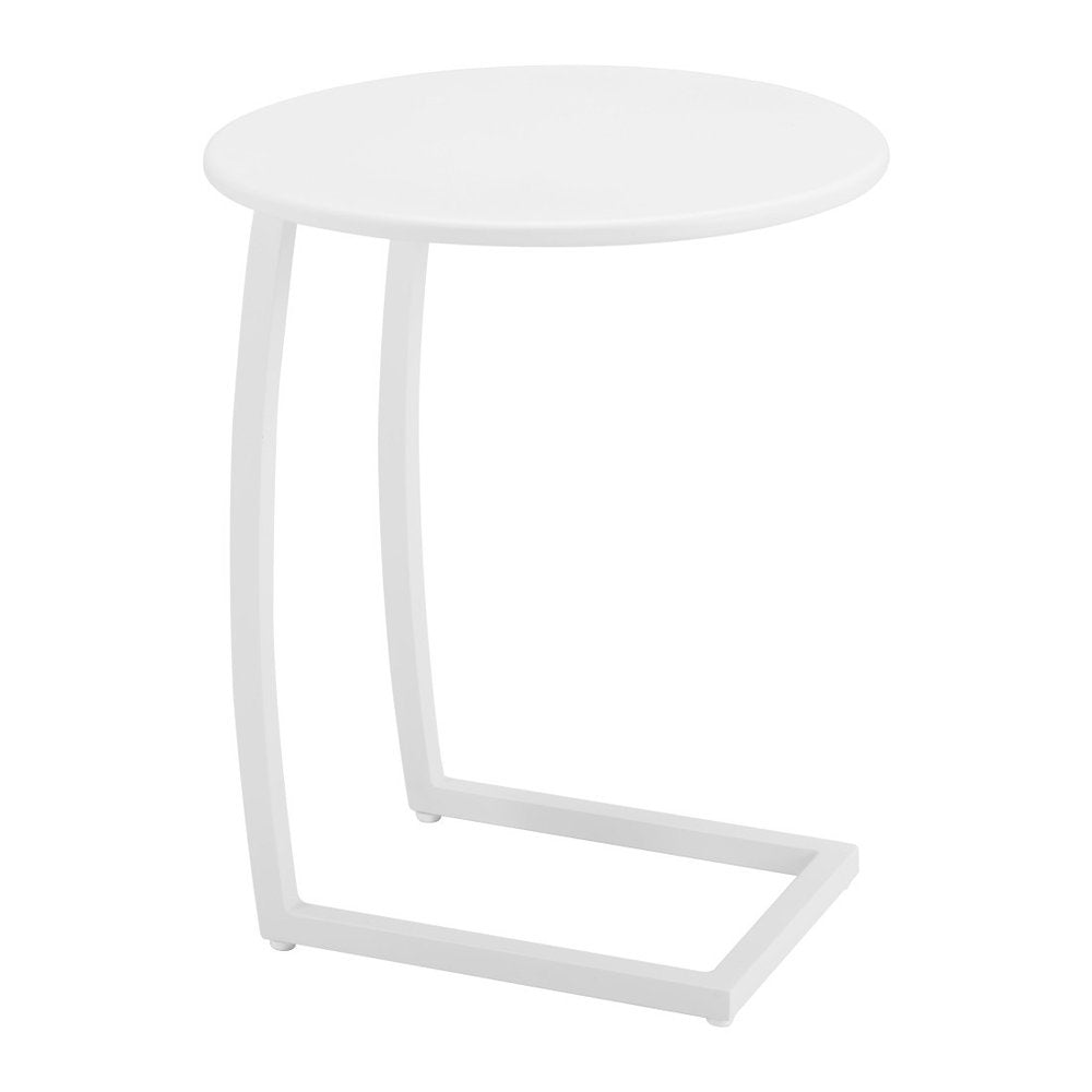 20" White Aluminum Round Outdoor Side Table. Outdoor table isolated on a plain white background, finished in white metal.