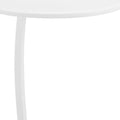 Close-up of a white aluminum round outdoor side table with a curved leg against a white background.