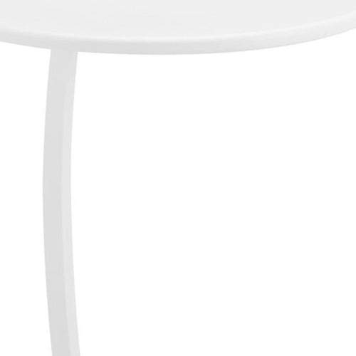 Close-up of a white aluminum round outdoor side table with a curved leg against a white background.