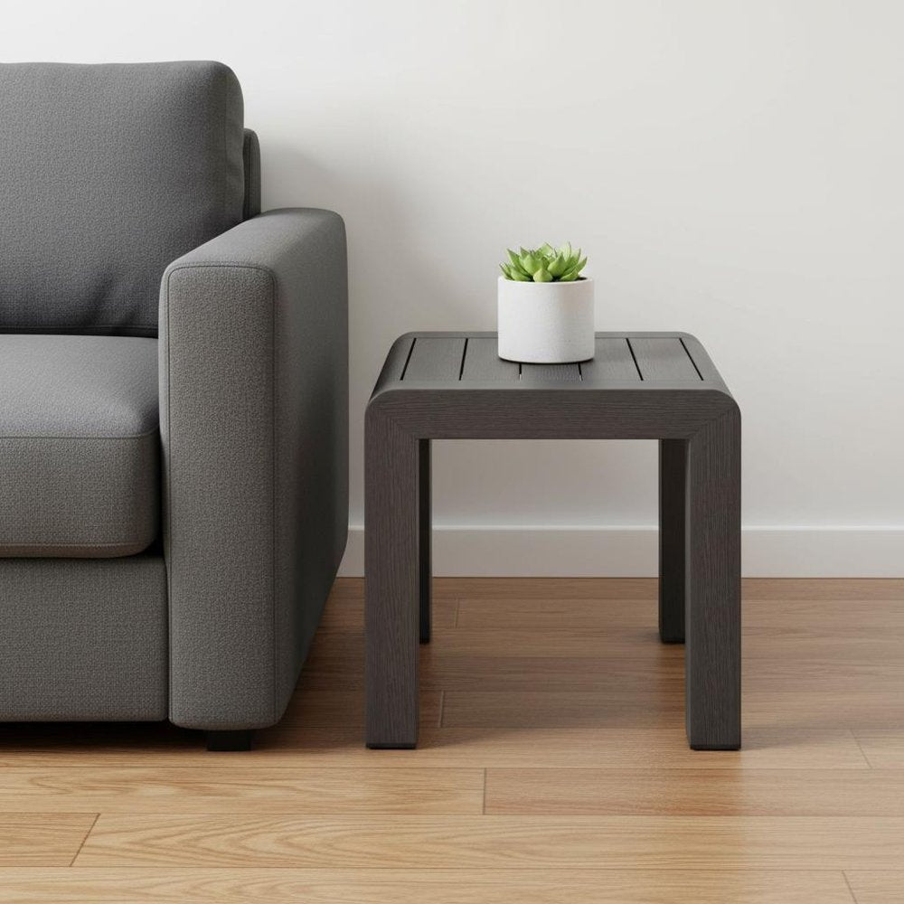 23" Black Aluminum Square Outdoor Side Table. Outdoor table isolated on a plain white background, in a black metal finish.