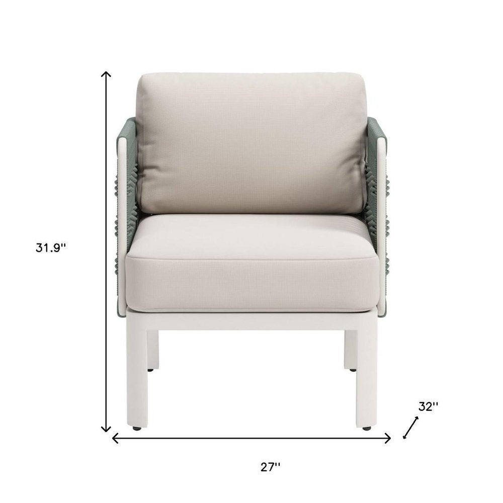 27" Green And White Aluminum Outdoor Accent Chair with White Cushion. Outdoor chair isolated on a plain white background, showing a white metal surface.