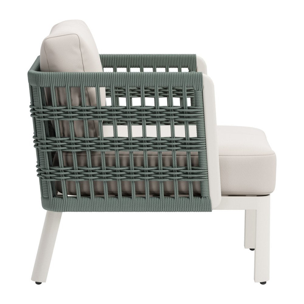 27" Green And White Aluminum Outdoor Accent Chair with White Cushion. Outdoor chair isolated on a plain white background, in a white metal finish.