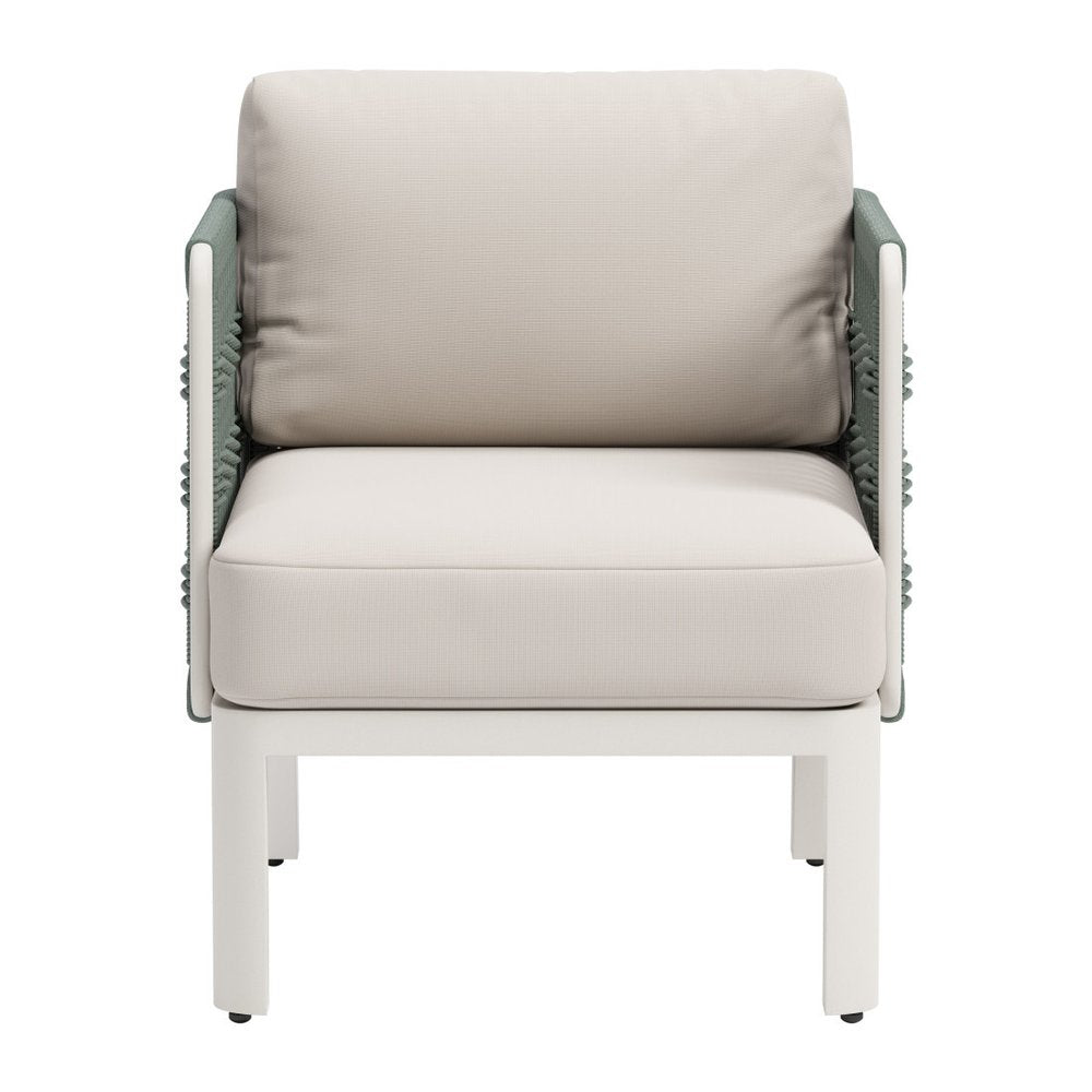 27" Green And White Aluminum Outdoor Accent Chair with White Cushion. Outdoor chair isolated on a plain white background, showing a white metal surface.