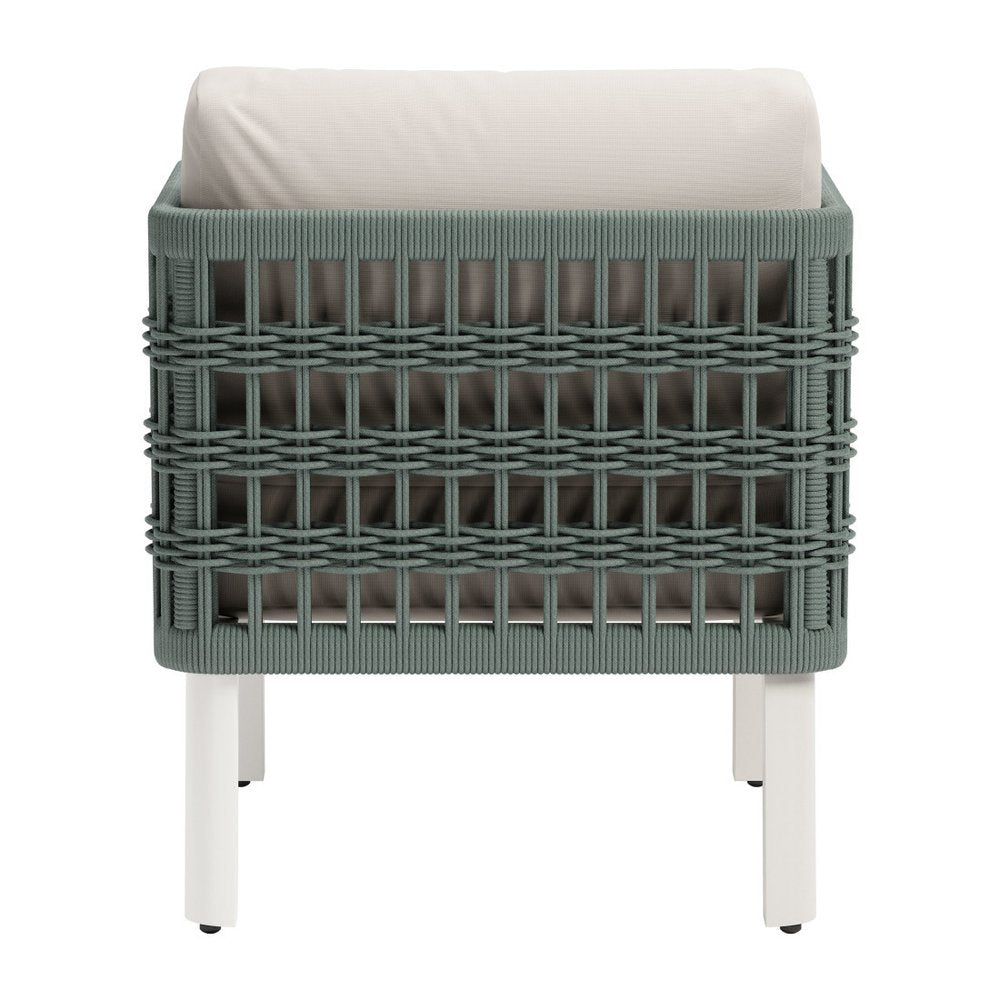 27" Green And White Aluminum Outdoor Accent Chair with White Cushion. Outdoor chair isolated on a plain white background, in a white metal finish.