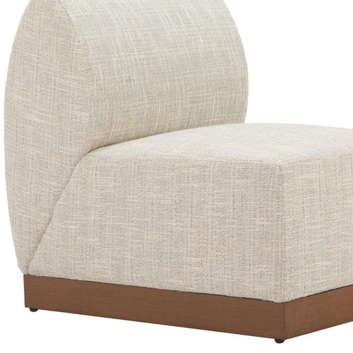 Close-up of a beige textured outdoor accent chair with a brown base against a white background.