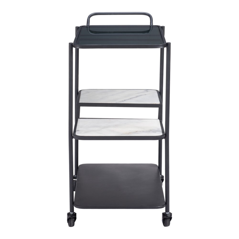 25" Black Steel and Faux Marble Glass Rolling Bar Cart