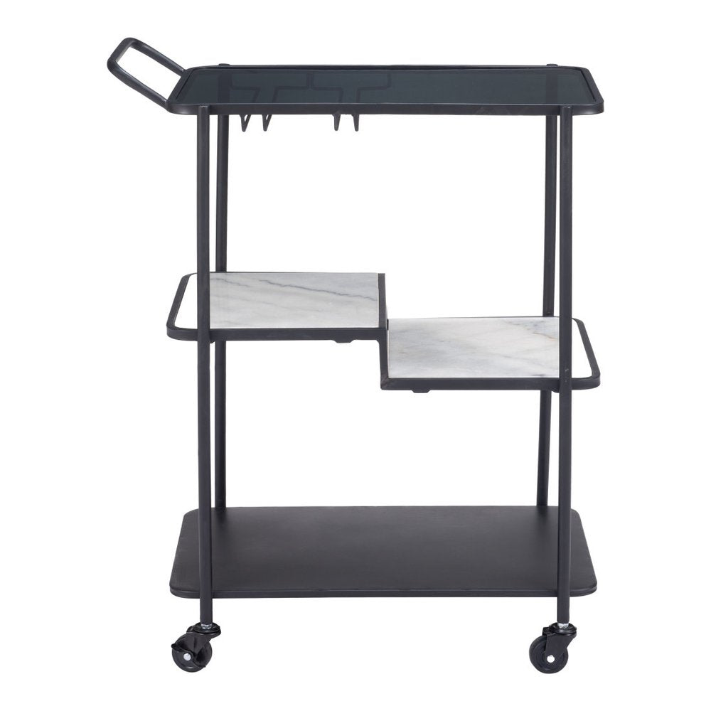 25" Black Steel and Faux Marble Glass Rolling Bar Cart