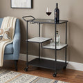 25" Black Steel and Faux Marble Glass Rolling Bar Cart