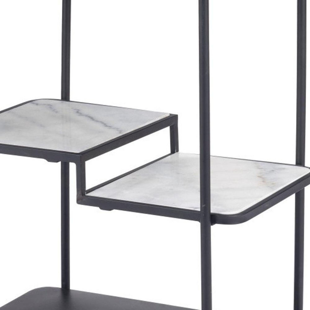 Black steel bar cart with two faux marble glass shelves against a white background.