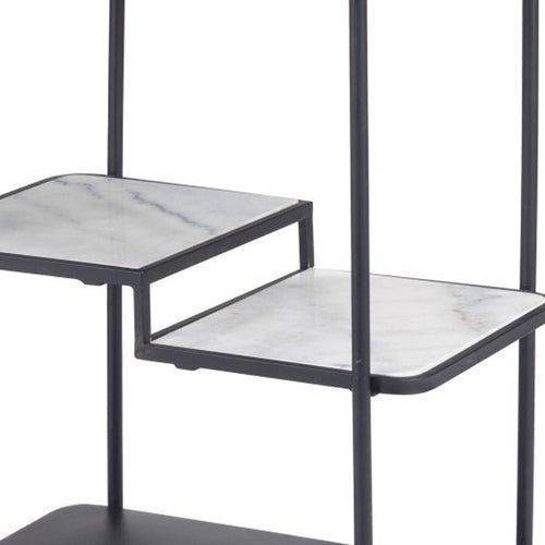 Black steel bar cart with two faux marble glass shelves against a white background.