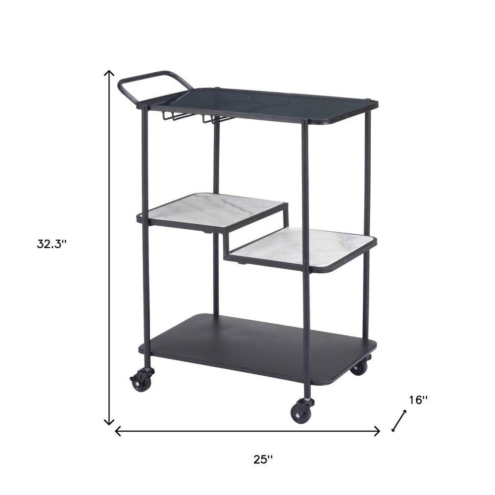 25" Black Steel and Faux Marble Glass Rolling Bar Cart