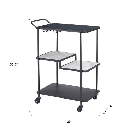 25" Black Steel and Faux Marble Glass Rolling Bar Cart