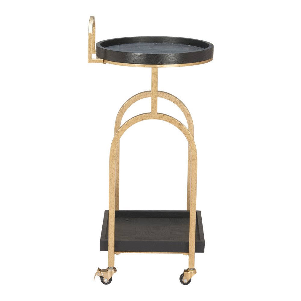17" Black And Brass Steel and Solid Wood Distressed Round Rolling Bar Cart. Bar cart isolated on a plain white background, finished in black wood.