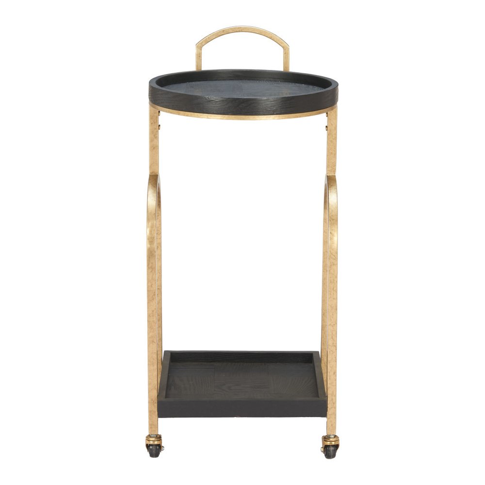 17" Black And Brass Steel and Solid Wood Distressed Round Rolling Bar Cart. Bar cart isolated on a plain white background, showing a black wood surface.
