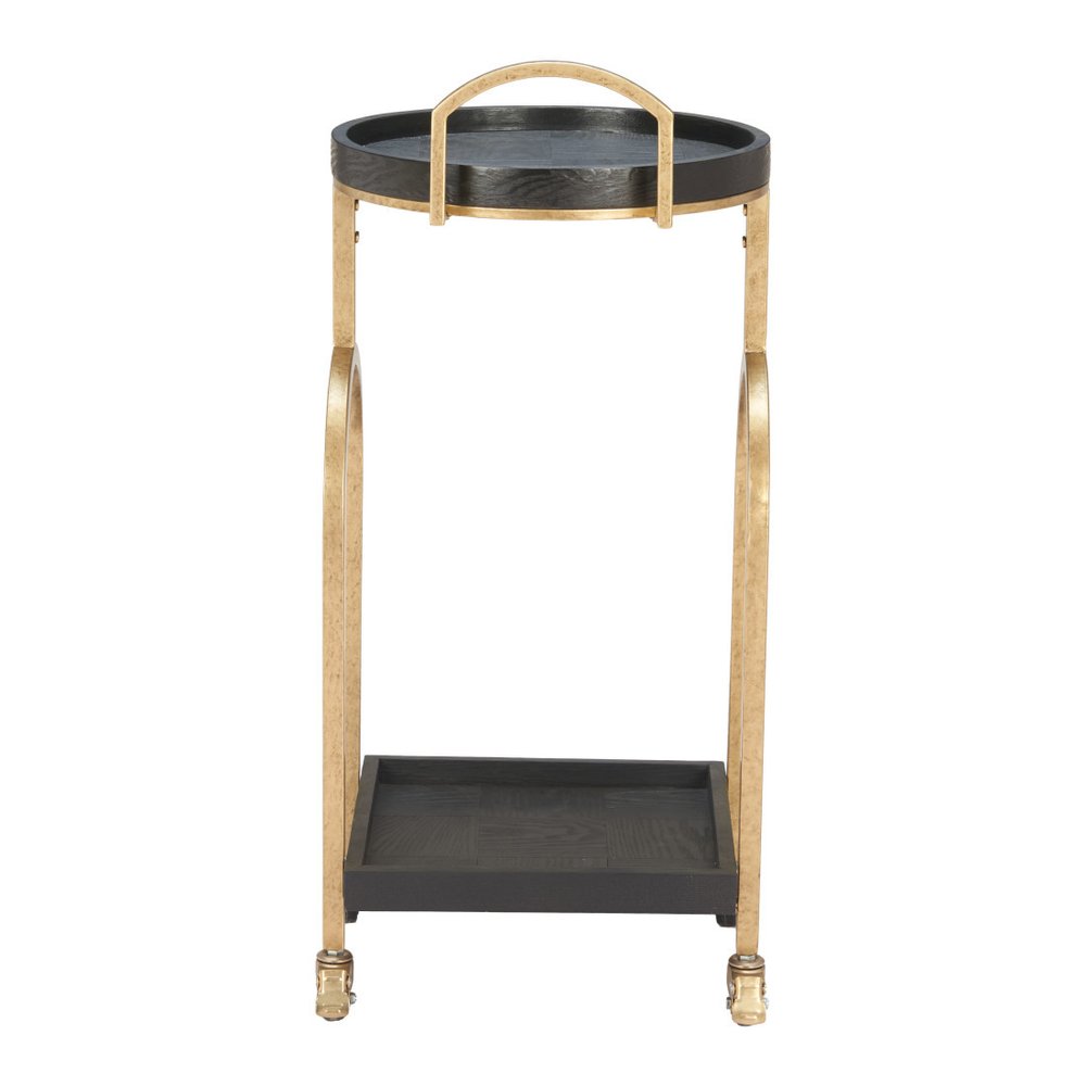 17" Black And Brass Steel and Solid Wood Distressed Round Rolling Bar Cart. Bar cart isolated on a plain white background, finished in black wood.