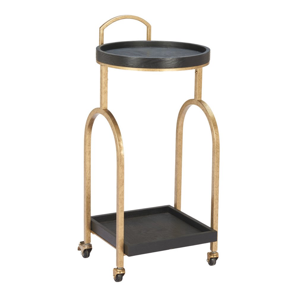 17" Black And Brass Steel and Solid Wood Distressed Round Rolling Bar Cart. Bar cart isolated on a plain white background, showing a black wood surface.