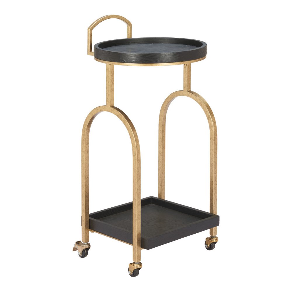 17" Black And Brass Steel and Solid Wood Distressed Round Rolling Bar Cart. Bar cart isolated on a plain white background, showing a black wood surface.