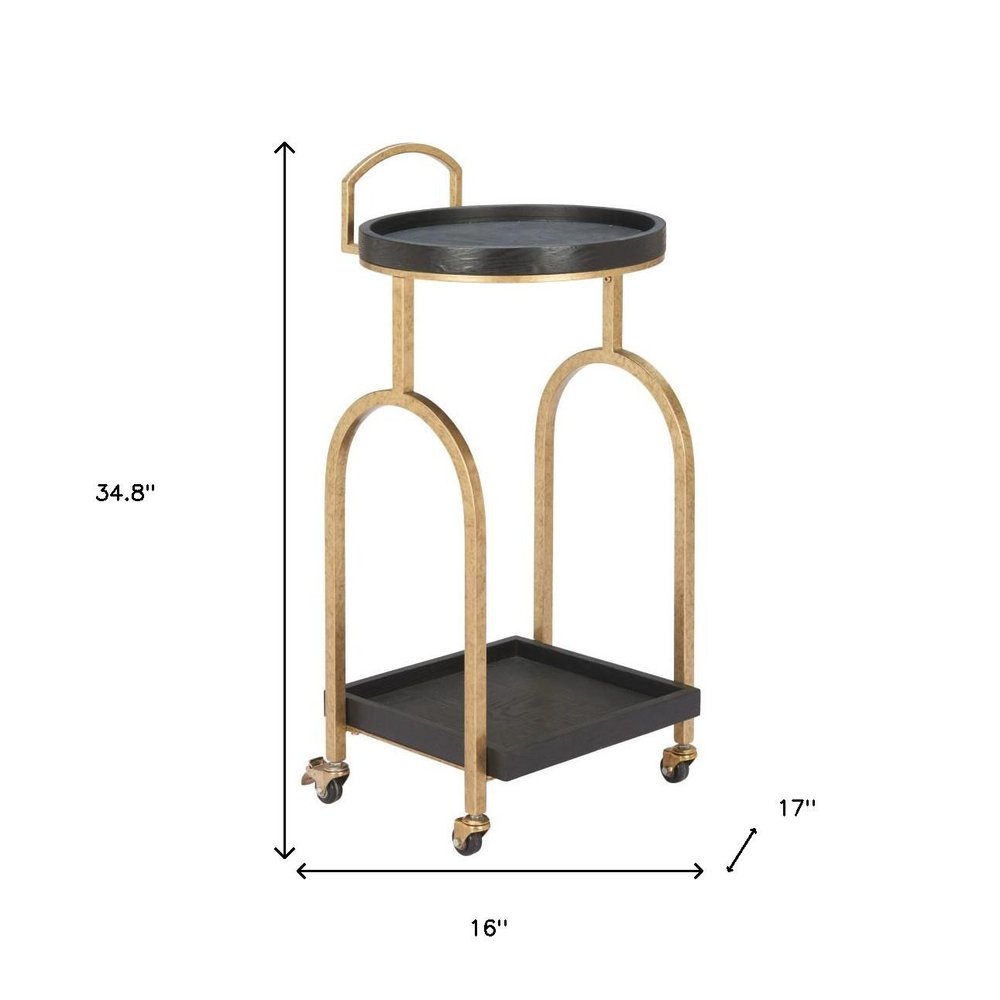 17" Black And Brass Steel and Solid Wood Distressed Round Rolling Bar Cart