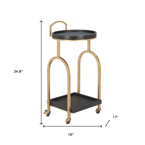 17" Black And Brass Steel and Solid Wood Distressed Round Rolling Bar Cart