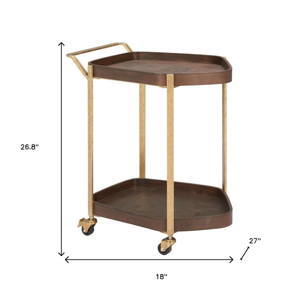 27" Walnut And Brass Wood and Steel Rolling Bar Cart. Bar cart isolated on a plain white background, in a walnut metal finish.