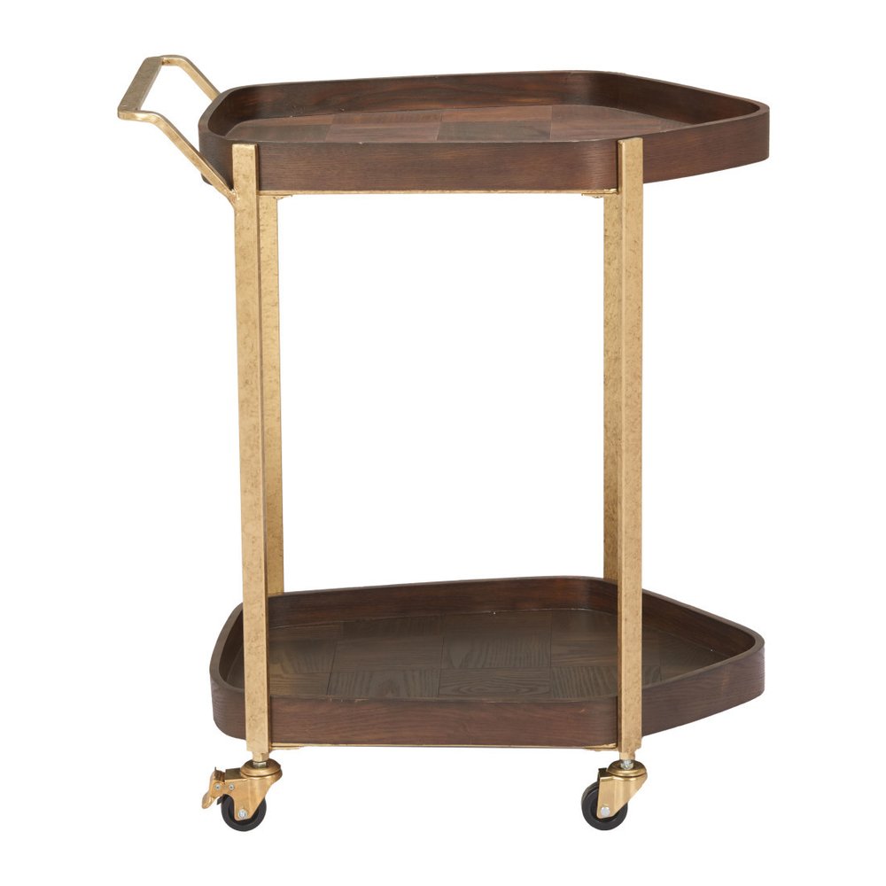 27" Walnut And Brass Wood and Steel Rolling Bar Cart