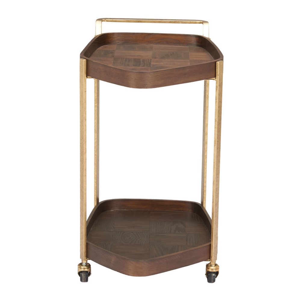 27" Walnut And Brass Wood and Steel Rolling Bar Cart. Bar cart isolated on a plain white background, in a walnut metal finish.