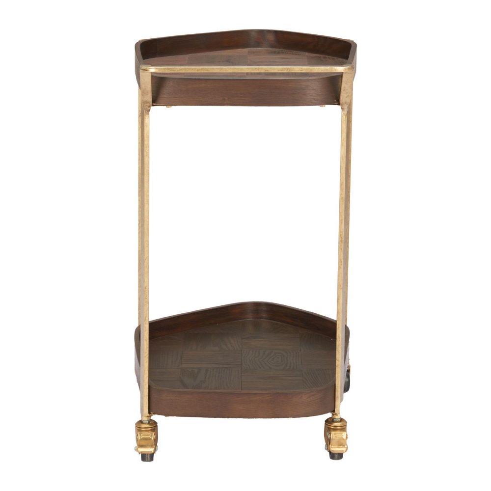 27" Walnut And Brass Wood and Steel Rolling Bar Cart. Bar cart isolated on a plain white background, finished in walnut metal.