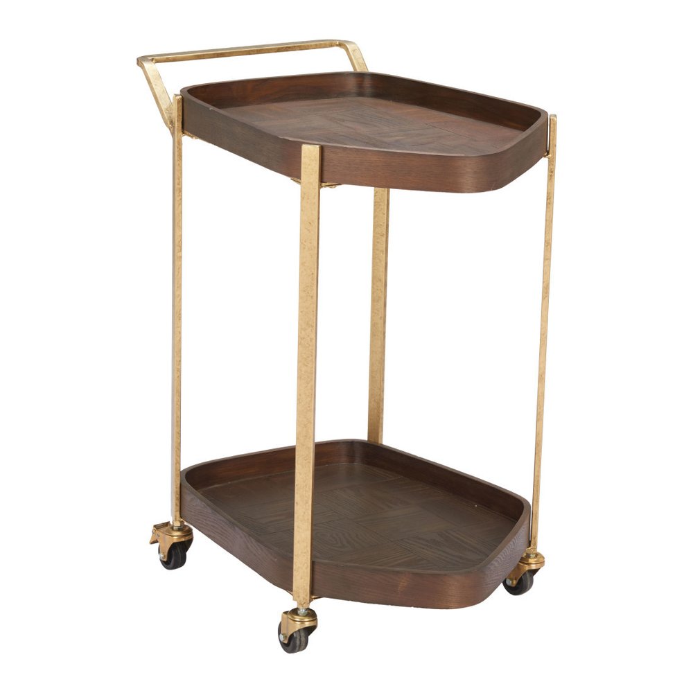 27" Walnut And Brass Wood and Steel Rolling Bar Cart. Bar cart isolated on a plain white background, showing a walnut metal surface.