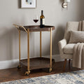 27" Walnut And Brass Wood and Steel Rolling Bar Cart