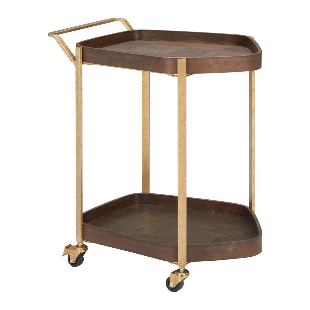 27" Walnut And Brass Wood and Steel Rolling Bar Cart. Bar cart isolated on a plain white background, finished in walnut metal.