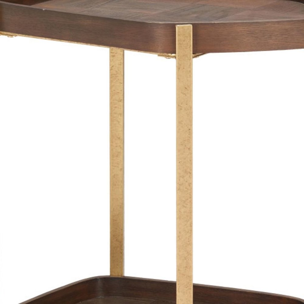 27" Walnut And Brass Wood and Steel Rolling Bar Cart. Bar cart isolated on a plain white background, finished in walnut metal.