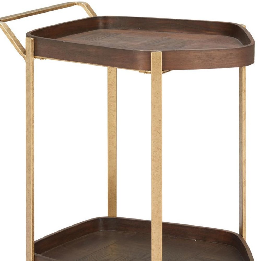 27" Walnut And Brass Wood and Steel Rolling Bar Cart. Bar cart isolated on a plain white background, showing a walnut metal surface.