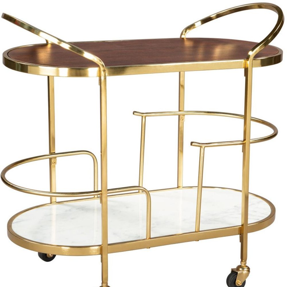 32" Brown Gold And White Iron Solid Wood and Marble Oval Rolling Bar Cart. Bar cart isolated on a plain white background, in a gold wood finish.