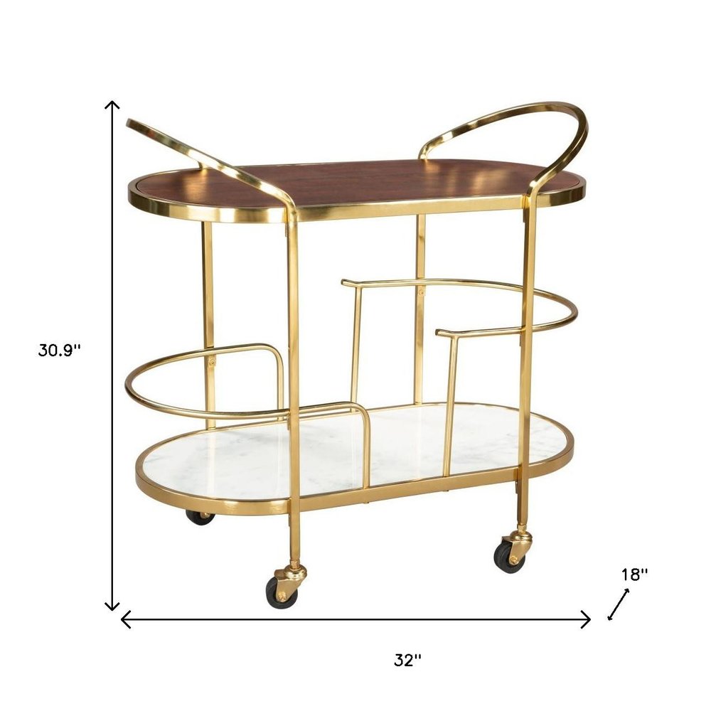 32" Brown Gold And White Iron Solid Wood and Marble Oval Rolling Bar Cart. Bar cart isolated on a plain white background, finished in gold wood.