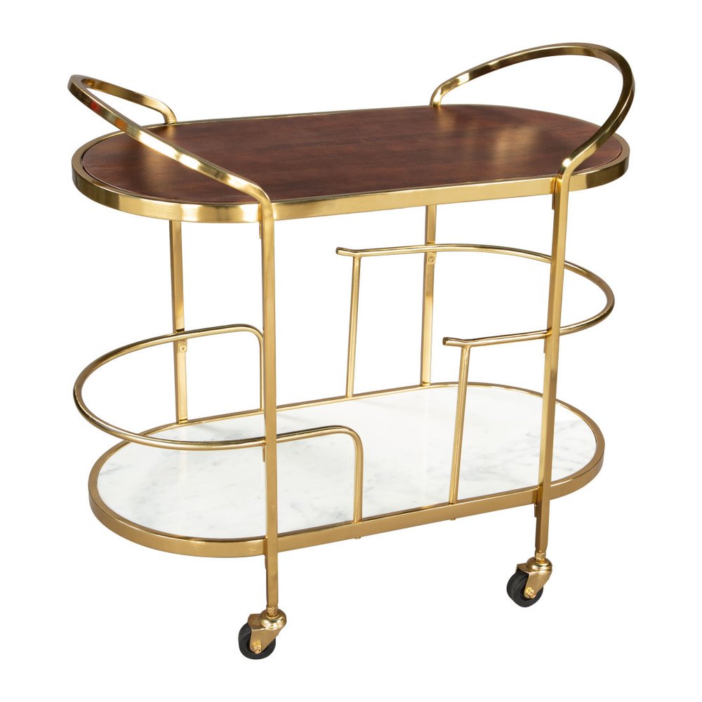 32" Brown Gold And White Iron Solid Wood and Marble Oval Rolling Bar Cart. Bar cart isolated on a plain white background, finished in gold wood.