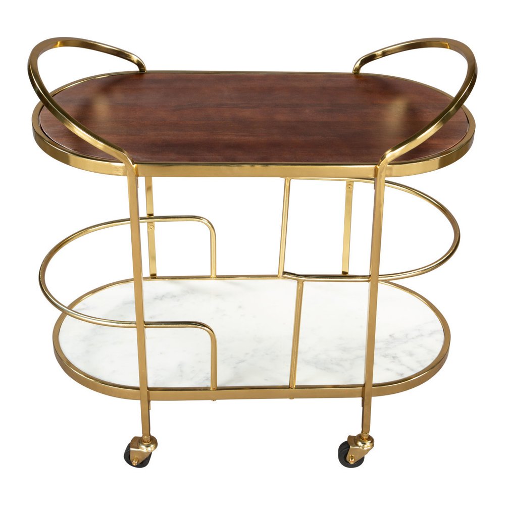 32" Brown Gold And White Iron Solid Wood and Marble Oval Rolling Bar Cart. Bar cart isolated on a plain white background, showing a gold wood surface.