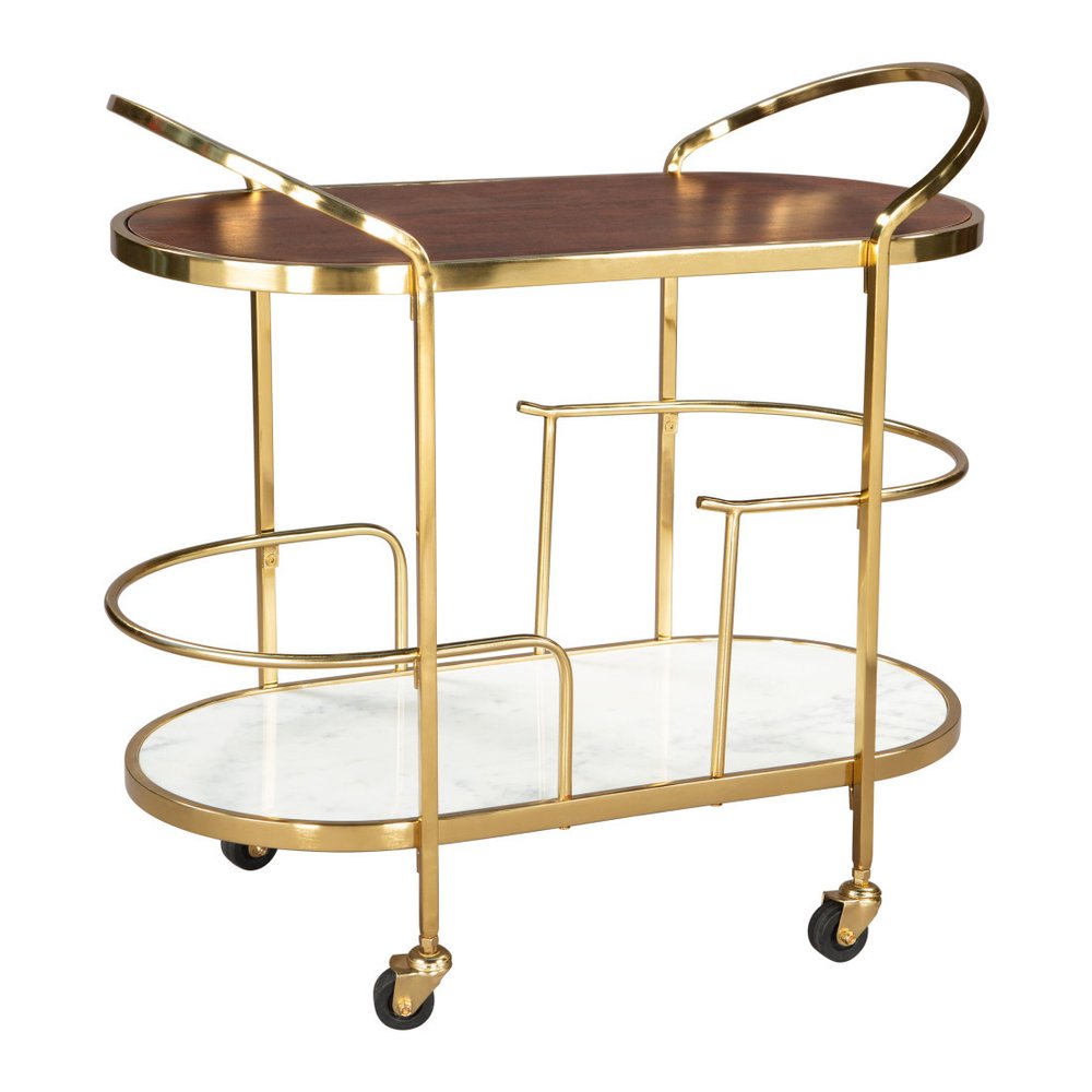 32" Brown Gold And White Iron Solid Wood and Marble Oval Rolling Bar Cart. Bar cart isolated on a plain white background, showing a gold wood surface.