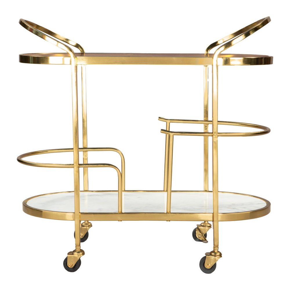 32" Brown Gold And White Iron Solid Wood and Marble Oval Rolling Bar Cart. Bar cart isolated on a plain white background, in a gold wood finish.