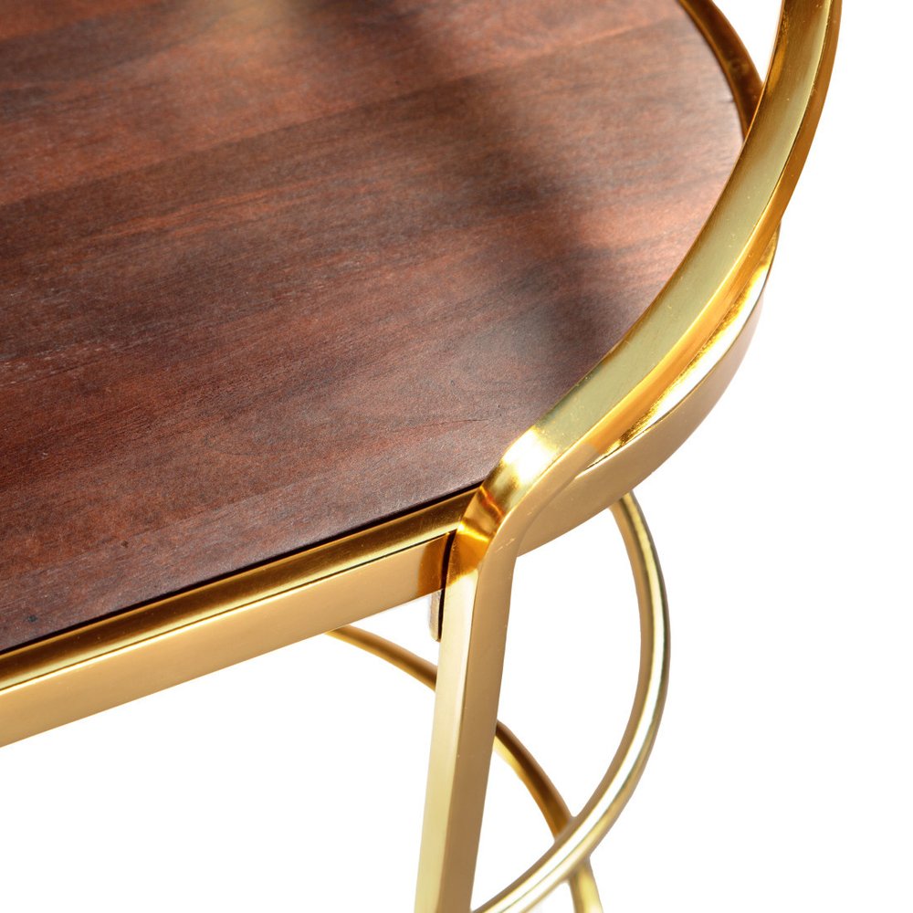 32" Brown Gold And White Iron Solid Wood and Marble Oval Rolling Bar Cart. Bar cart isolated on a plain white background, finished in brown wood.