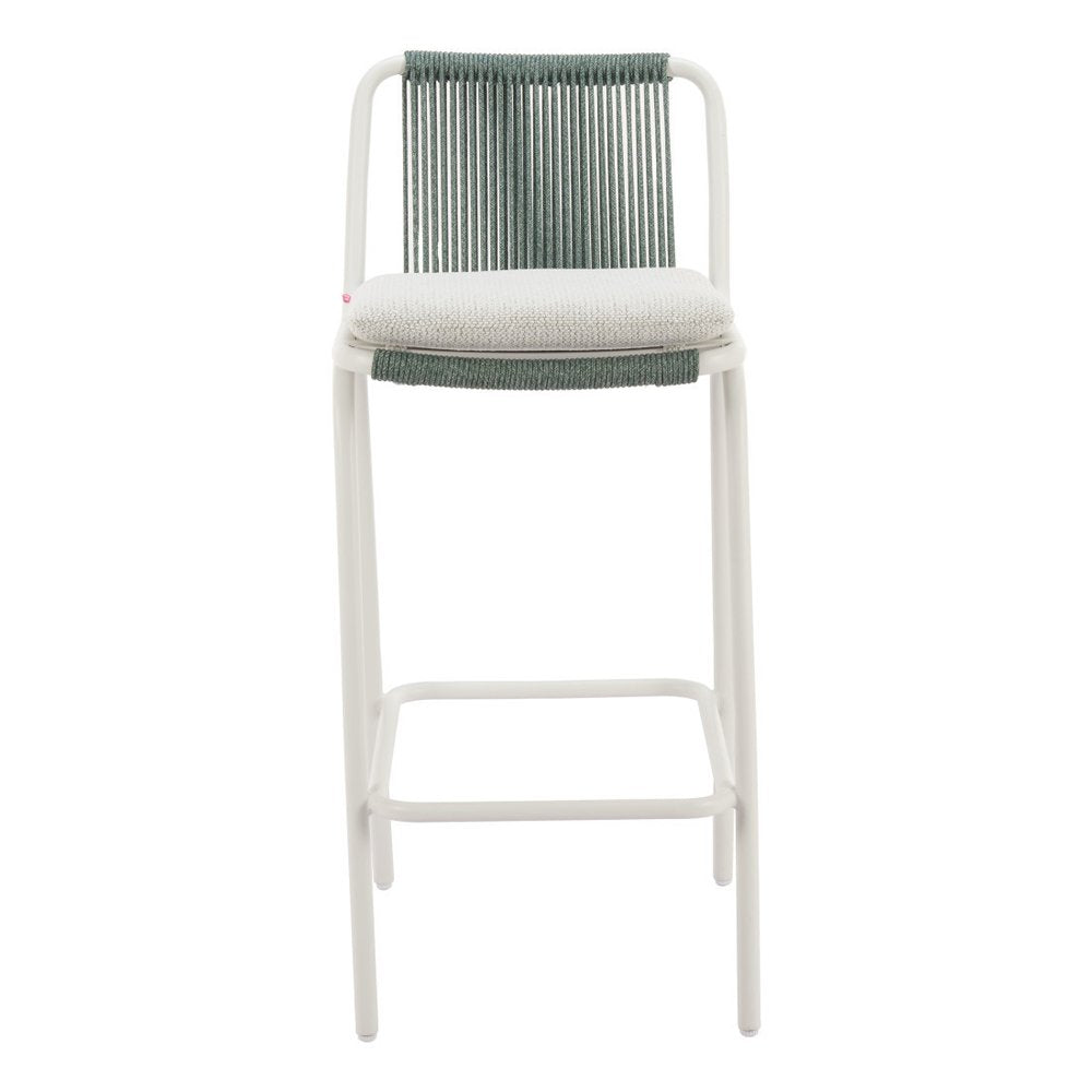 Set of Two White and Green Woven Back And Aluminum Counter Height Bar Chairs on a white background