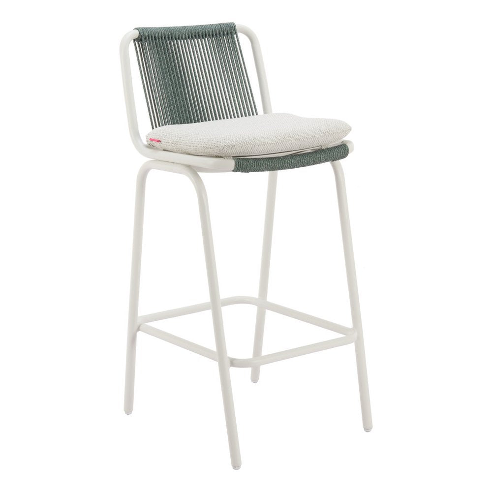 Set of Two White and Green Woven Back And Aluminum Counter Height Bar Chairs on a white background