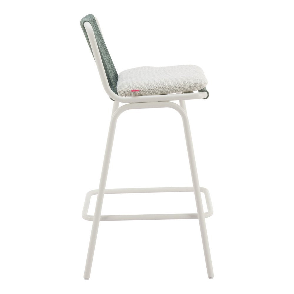 Set of Two White and Green Woven Back And Aluminum Counter Height Bar Chairs on a white background